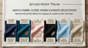 Abaya fabric guide for Dubai's climate - nidha crepe, Japanese crepe, silk, and georgette swatches