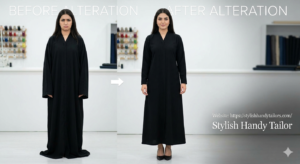 Before and after abaya alteration in Dubai - professional fit correction at Stylish Handy Tailor