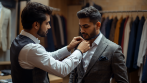 Bespoke tailor in Dubai taking measurements for an Eid outfit at Stylish Handy Tailors Meydan