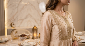 Chanderi silk Eid outfit for Dubai evening events - lightweight luxury for UAE heat