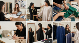 Custom abaya design process at Stylish Handy Tailor Dubai - consultation to finished garment