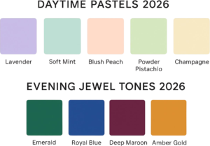 Eid Fashion Trends 2026 Dubai color palette - daytime pastels and evening jewel tones