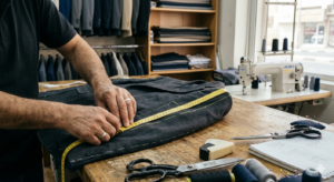 Expert tailor measuring a suit jacket for clothing alterations in Sharjah