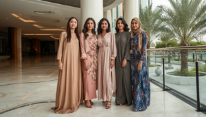Multicultural Eid fashion in Dubai - women in abayas, co-ords, and kaftans