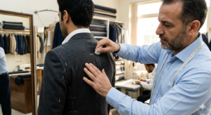 Suit alteration specialist in Sharjah - jacket waist shaping and chest adjustment.