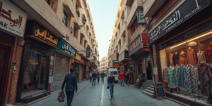 multiple tailor shop fronts, signboards, or a busy street scene