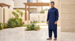 Complete Eid styling look with custom Pathani suit, topi, and khussa in Dubai