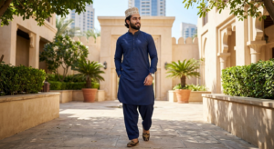 Complete Eid styling look with custom Pathani suit, topi, and khussa in Dubai Placement
