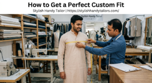 Custom Pathani suit measurement session at a Dubai tailoring studio