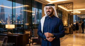 Custom navy thobe Dubai quiet luxury Eid evening outfit